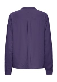 Blusa a maniche lunghe di colore viola scuro con piega sul retro, maniche con polsino e colletto all'americana, mostrata da dietro su uno sfondo bianco.