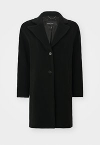 Schwarzer Wollmantel mit Reverskragen, Ein-Knopf-Verschluss und Seitentaschen. Sauberer Schnitt, mittellang mit weicher Textur.