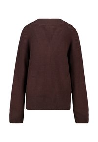 Ruskea neulepaita, jossa on teksturoitu ribbitetty kuvio, leveät hihat, rento istuvuus ja pyöreä kaula-aukko. Takakuvassa näkyy ommeltu yksityiskohta.