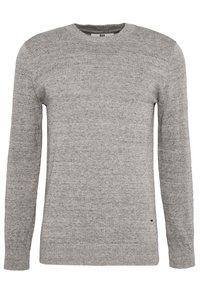 Grå stickad tröja med långa ärmar, rund hals och ribbat avslut. Texturen är slät med ett subtilt mönster genom hela tröjan.