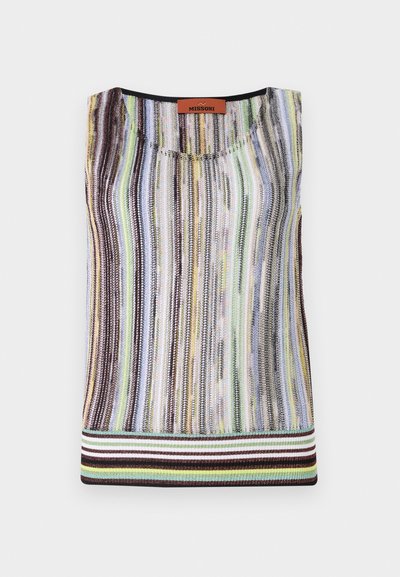 Multicolored knitted tank top featuring vertical stripes in shades of green, brown, and blue with a striped hem and a round neckline.