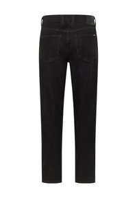 Schwarze Denim-Jeans mit geradem Schnitt, ausgestattet mit einem Taillenbund mit Gürtelschlaufen und zwei Gesäßtaschen. Weicher Stoff mit minimaler Verblassung.