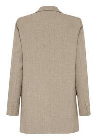 Blazer beige clair avec une fermeture à deux boutons, des manches longues et une texture lisse. Il présente un col à revers classique et un design ajusté à l'arrière.
