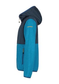 Veste à capuche avec une palette de couleurs bleu et marine foncé, en tissu texturé, et une poche zippée avec un accent de zip jaune.