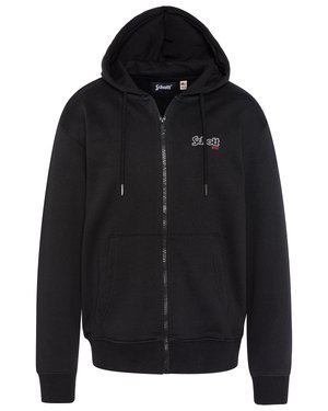 Sweat à capuche noir zippé avec poches avant, capuche à cordon de serrage, et petit logo Schott NYC blanc et rouge sur la poitrine gauche.