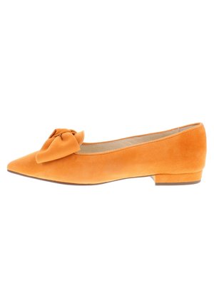 Orange suede flat shoe with a pointed toe, bow accent on the vamp, and a low heel. Smooth texture with minimal visible stitching.