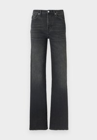 Vaqueros de mezclilla negra de talle alto con pierna recta, que presentan costuras clásicas y un diseño de cinco bolsillos. Textura suave con un desgaste mínimo.