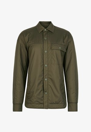 Langærmet, olivengrøn polstret jakke med knaplukning foran, spids krave og enkelt brystlomme med klap.