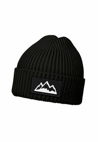Black ribbed knit beanie with folded brim and rectangular patch featuring a white mountain silhouette logo on front.