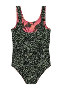 Maillot de bain une pièce avec un imprimé animal vert et noir, accentué de touches tropicales roses et un décolleté plongeant. Tissu lisse, sans matériel.
