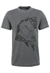 Grå bomulds T-shirt med et trykt sort grafisk motiv af en karakter med et skjold, mærket "CAPTAIN AMERICA" i fed skrift. Korte ærmer.