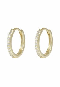 Guldörhängen i form av hoop med en slät yta och en rad klara stenar längs ena sidan, med en säker stängningsmekanism.