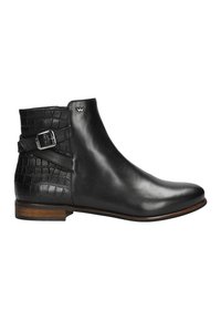 Stivale alla caviglia in pelle nera con finitura liscia e motivo in croc texture sul retro. Presenta un accento con fibbia laterale e tacco in legno.