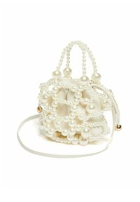 Borsa a mano bianca con perline, caratterizzata da un design simile a perle con perline grandi e piccole, chiusura a coulisse e manici corti doppi.