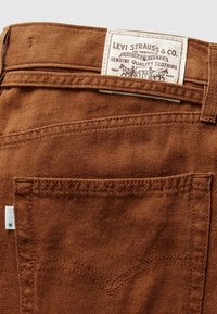 Poche arrière d’un jean en denim marron avec une étiquette blanche Levi Strauss & Co. comportant deux chevaux et des détails cousus.