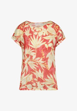 Lightweight short-sleeve top featuring a red background with large cream floral patterns and a round neckline. Soft, smooth fabric texture.