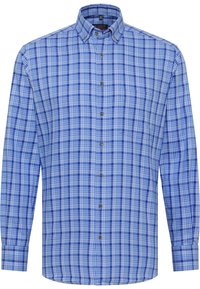 Blauwe geruite overhemden met lange mouwen, met een mix van lichtblauwe en donkerblauwe vierkanten, contrasterende bruine knopen en een enkele borstzak.