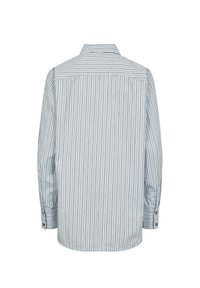 Chemise à manches longues boutonnée avec fines rayures verticales noires sur fond blanc, vue de dos avec col et poignets boutonnés.