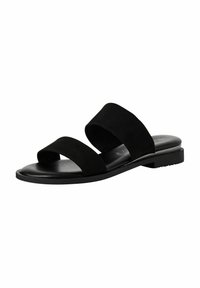 Sandale en cuir velours noir avec deux larges brides, une semelle plate et un design minimaliste. Texture douce et silhouette simple.