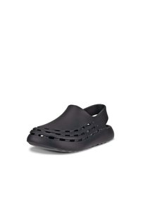 Schwarze Clogs zum Hineinschlüpfen aus glattem Gummi, mit mehreren horizontalen Ausschnitten und einer konturierten Form für Komfort.
