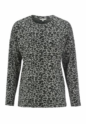 Langarmshirt aus grauem Stoff mit schwarzem Leopardenmuster, ausgestattet mit Rundhalsausschnitt und lockerer Passform. Weicher Stoff und lässiges Design.