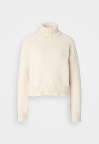 Cremefarvet turtleneck sweater, cropped design, ribbet halskant og kant, tekstureret strikket stof, lange ærmer med tætsiddende manchetter.