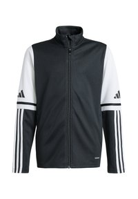 Schwarze Sportjacke mit weißen Ärmeln, durchgehendem Reißverschluss, hohem Kragen und drei weißen Streifen an jedem Ärmel. Geschmeidige Textur, sportliches Design.