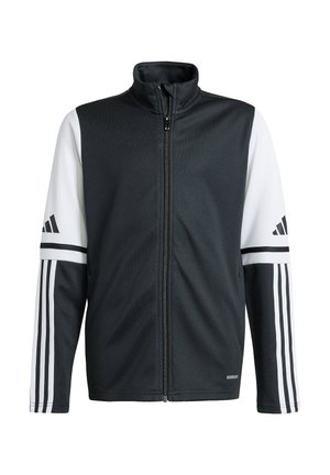 Schwarze Sportjacke mit weißen Ärmeln, durchgehendem Reißverschluss, hohem Kragen und drei weißen Streifen an jedem Ärmel. Geschmeidige Textur, sportliches Design.