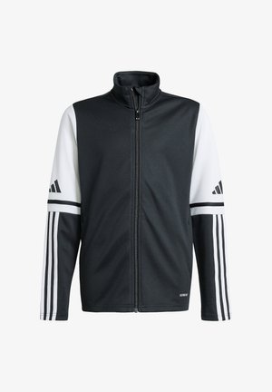 Black athletic jacket with white sleeves, full zip, high collar, and three white stripes on each sleeve. Smooth texture, sporty design.