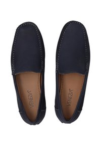 Mørkeblå læder loafers med kontrasterende hvid syning, slip-on design og glat tekstur; indersålerne har brandnavnet "Venezia."