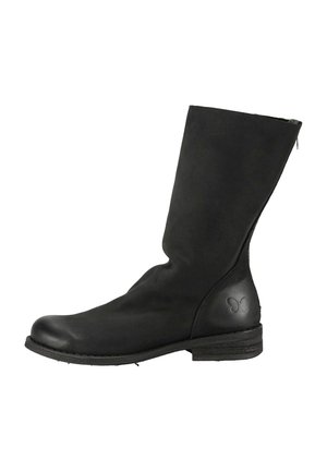 Botte mi-mollet en cuir noir avec fermeture éclair à l'arrière, bout arrondi, talon empilé bas et logo papillon embossé près du talon.