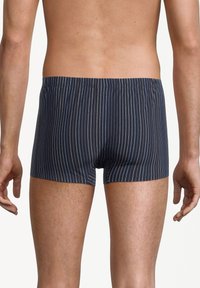 Marineblauwe, gestreepte boxers met een gestructureerde stof. De strepen zijn lichtblauw en wit, met een elastische tailleband voor extra comfort.
