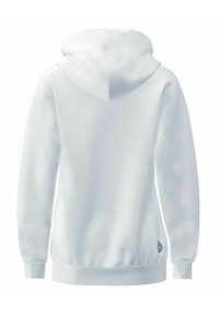 Sudadera blanca con capucha, de mangas largas y con un bolsillo tipo canguro. Presenta un dobladillo y puños de canalé, una textura suave y un pequeño logo en el costado.