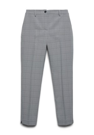 Pantalon gris coupe slim avec un motif à carreaux subtil, passants pour ceinture, bouton à l'avant et poches latérales, posé à plat sur un fond blanc.