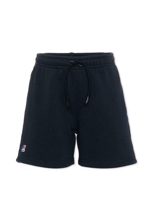 Zwarte casual shorts met elastische tailleband en trekkoord, met een klein blauw-rood logo aan de onderkant van het linkerbeen.