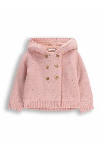 Różowy dzianinowy kardigan dziecięcy z kapturem, podwójny rząd sześciu brązowych guzików oraz ściągacze na mankietach i dolnej krawędzi, splatany z wielokolorowej włóczki.
