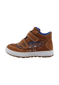 Braune Kinder-Hochschnittsneaker mit blauer Fütterung, zwei Klettverschlussriemen, weißer Sohle und einem blau gestreiften Dinosaurier-Graphics an der Seite.