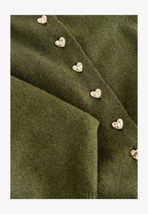Olive green knit cardigan with a soft texture, featuring small gold heart-shaped buttons along the front.