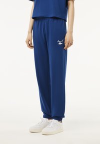 Blaue Jogginghosen aus weichem Material, mit einem elastischen Bund und Bündchen, sowie weißen bestickten Logo-Details an der Seite.