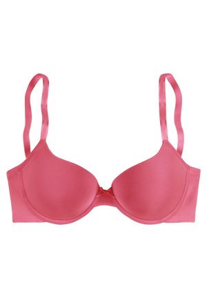 Pink padded bra with adjustable straps and underwire support, shown against a white background.