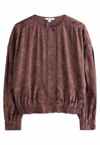 Chaqueta marrón con estampado floral hecha de tela ligera. Presenta un escote redondo, puños elásticos y un cierre de botón en la parte delantera.