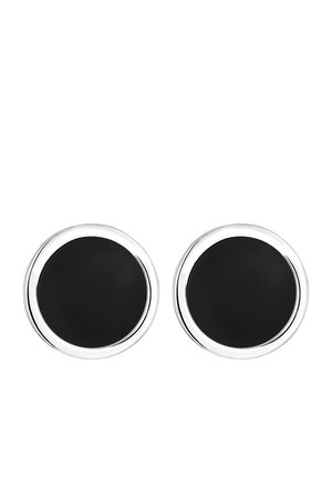 Boutons de manchette ronds en argent avec un centre en émail noir, design minimaliste, présentés sur fond blanc.