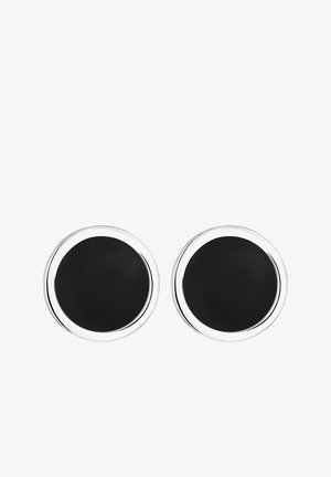 Boutons de manchette ronds en argent avec un centre en émail noir, design minimaliste, présentés sur fond blanc.