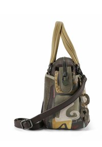 Mehrfarbige Lederhandtasche mit einem strukturierten braunen Körper, hellbraunen Riemen, dekorativen Mustern, Reißverschluss und verstellbarem Schultergurt.