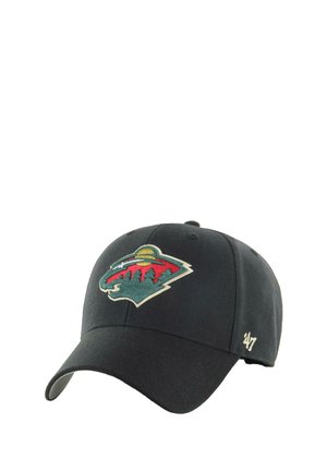 Black baseball cap with embroidered Minnesota Wild logo in green, red, and yellow. Curved brim, cotton material, and adjustable strap.