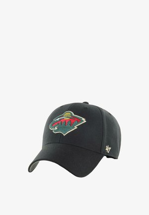 Schwarze Baseballkappe mit gesticktem Minnesota Wild-Logo in Grün, Rot und Gelb. Vorgebogener Schirm, aus Baumwolle und mit verstellbarem Riemen.
