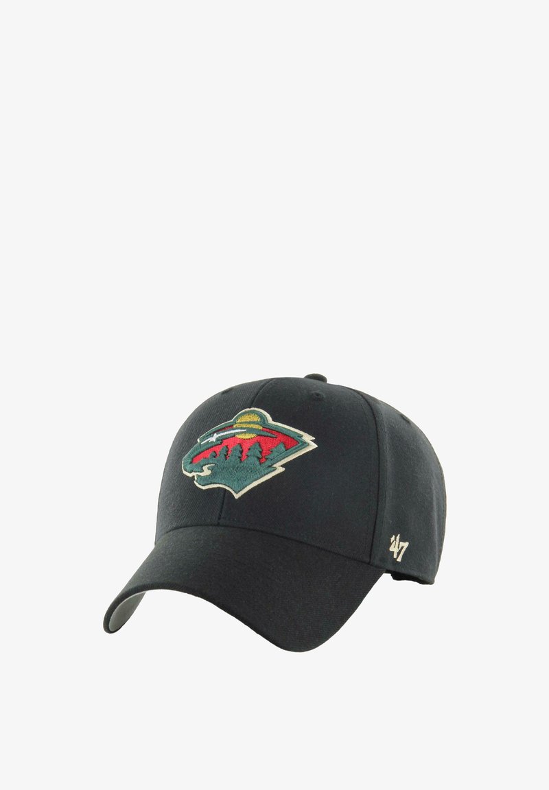Gorra de béisbol negra con el logo bordado de Minnesota Wild en verde, rojo y amarillo. Visera curvada, material de algodón y correa ajustable.