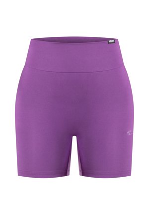 Paarse atletische shorts met hoge taille, gemaakt van glad, rekbaar materiaal. Voorzien van een logo langs de zoom en een naadloze tailleband voor comfort.