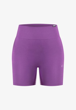 Paarse atletische shorts met hoge taille, gemaakt van glad, rekbaar materiaal. Voorzien van een logo langs de zoom en een naadloze tailleband voor comfort.