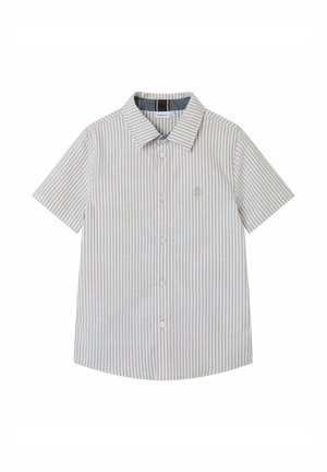 Korte mouwen overhemd met knopen in lichtbeige met dunne verticale witte strepen, met een puntige kraag en een klein geborduurd logo.